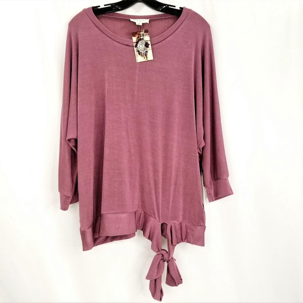 Coverstitched Tied Waist Top 2X Plum 3/4 Sleeves